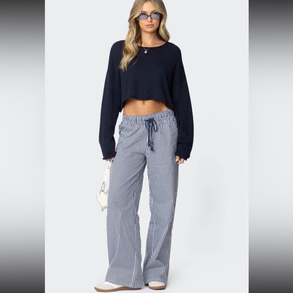 Edikted Navy Cropped Sweater and Striped Pants Set